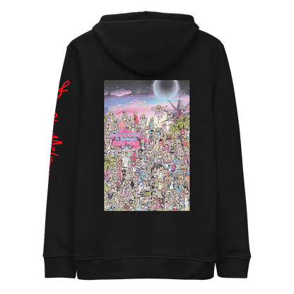 The back of a black hoodie featuring an illustrated tribute to Britney Spears' iconic fashion moments throughout her career. The interactive “Where’s Waldo” style drawing features over 100 Britney cartoon lookalikes from different eras, including the 'Baby One More Time' schoolgirl costume and 'Toxic' flight attendant look. The picture also features hidden bags of Cheetos and bottles of Britney's signature fragrances. © Donny Meloche.