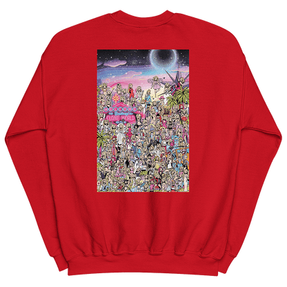 The back of a red sweatshirt featuring an illustrated tribute to Britney Spears' and iconic fashion moments throughout her career. The interactive “Where’s Waldo” style drawing features over 100 Britney cartoon lookalikes from different eras, including the 'Baby One More Time' schoolgirl costume and 'Toxic' flight attendant look. The picture also features hidden bags of Cheetos and bottles of Britney's signature fragrances. © Donny Meloche, 2023.