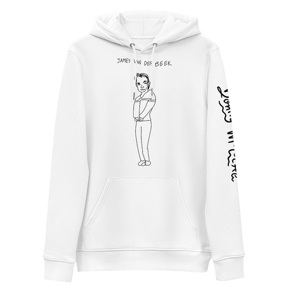 A white unisex hoodie with a playful childhood line art drawing of Dawson’s Creek actor, James Van Der Beek, from the late 90s. © Donny Meloche, 2023.