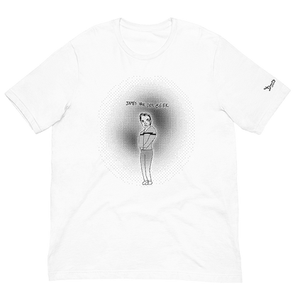 A white unisex t-shirt with a playful childhood bitmap art drawing of Dawson’s Creek actor, James Van Der Beek, from the late 90s. © Donny Meloche, 2023.