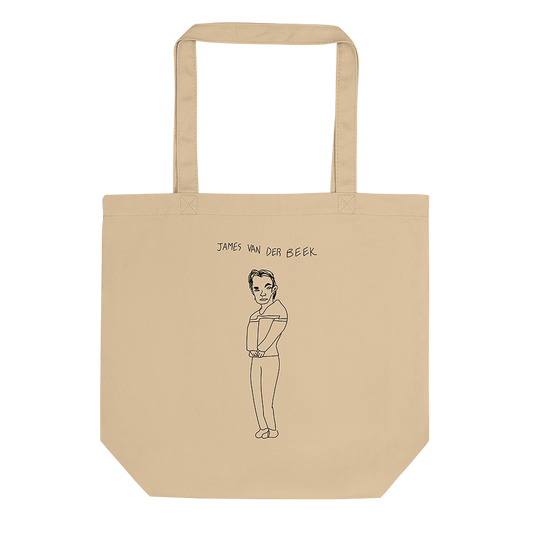 A beige tote bag with a playful childhood line art drawing of Dawson’s Creek actor, James Van Der Beek, from the late 90s. © Donny Meloche, 2023.