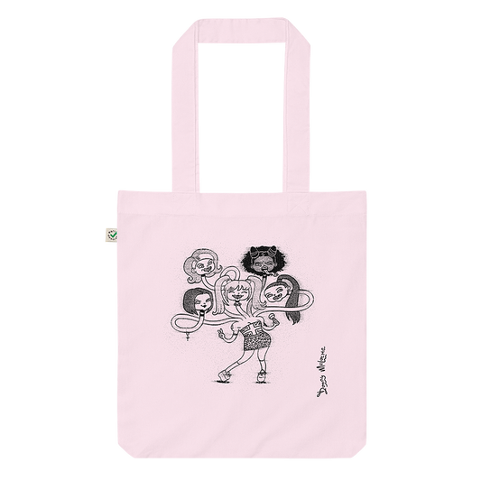 The front of a pink fashion tote bag, featuring a playful cartoon drawing of the Spice Girls merged together as a friendly hydra monster. © Donny Meloche.