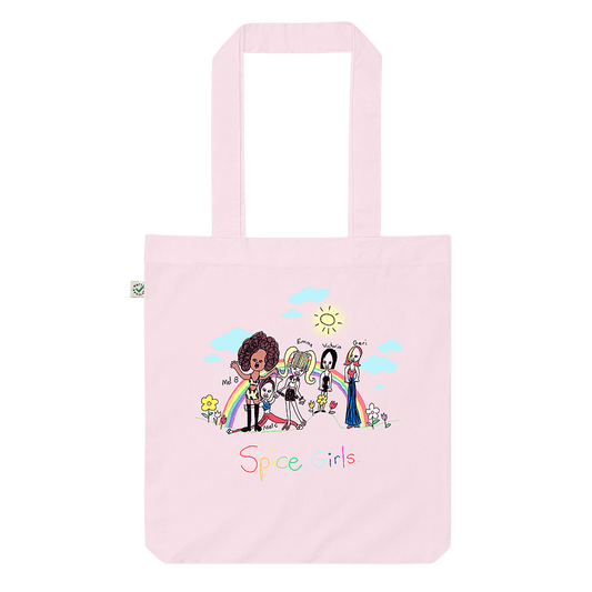 A pink canvas tote bag featuring a childhood drawing of the Spice Girls in a field of summer flowers, under a vibrant sun and rainbow. Spice up your life!