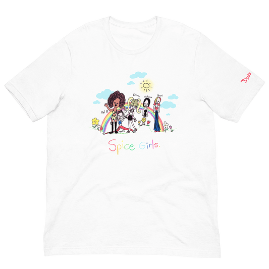 Front of a white graphic tee featuring a nostalgic childhood drawing of the Spice Girls in a vibrant field of spring flowers, set against a backdrop of whimsical clouds, a radiant sun, and a colorful rainbow. © Donny Meloche, 2023.
