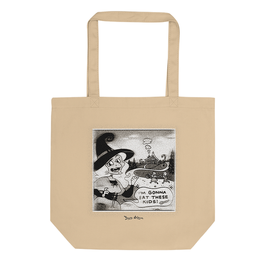 A tan eco tote bag with a classic Halloween witch illustration and speech bubble reading, 'I'm gonna eat these kids!' by Donny Meloche.
