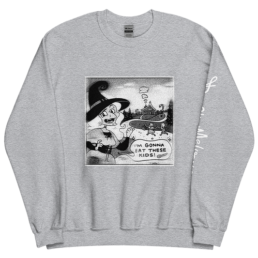 A gray unisex sweatshirt with a classic Halloween witch illustration and speech bubble reading, 'I'm gonna eat these kids!' by Donny Meloche.