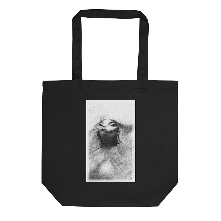 Black tote bag featuring distressed ancient alien corpse graphic. © Donny Meloche.