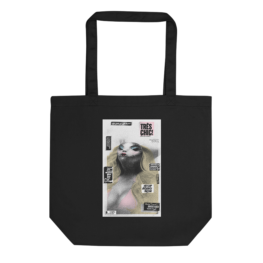 Black tote bag featuring ancient alien corpse graphic with clickbait news headlines. © Donny Meloche.
