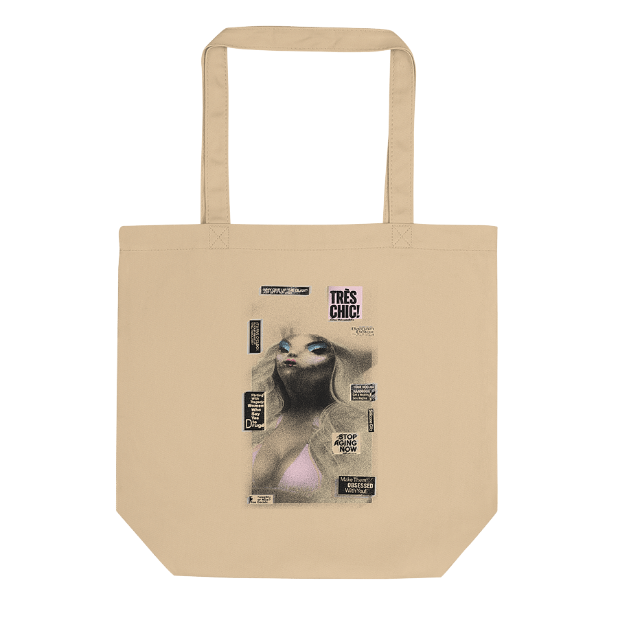 Tan tote bag featuring ancient alien corpse graphic with clickbait news headlines. © Donny Meloche.