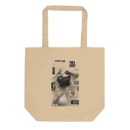 Tan tote bag featuring ancient alien corpse graphic with clickbait news headlines. © Donny Meloche.