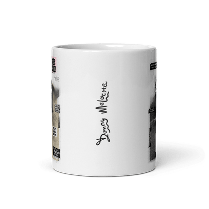 Side view of glossy white mug with playful digital logo spelling out the name 'Donny Meloche'.