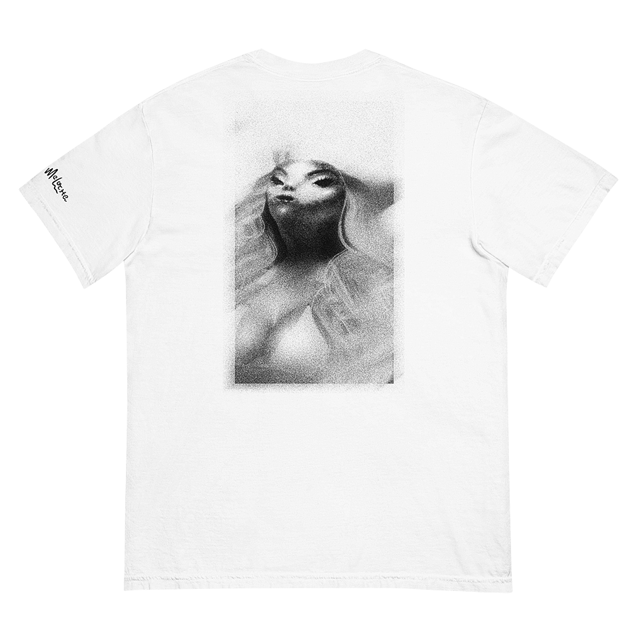White Relaxed-Fit T-Shirt with Alien Makeover Parody Art by LGBTQ+ Artist Donny Meloche. Copyright © Donny Meloche.