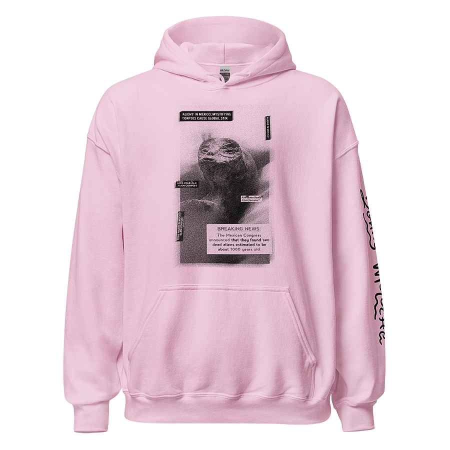 Pink unisex hoodie with Extraterrestrial Parody Makeover: An LGBTQ+ Artwork by Donny Meloche