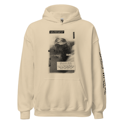 Tan unisex hoodie with Extraterrestrial Parody Makeover: An LGBTQ+ Artwork by Donny Meloche