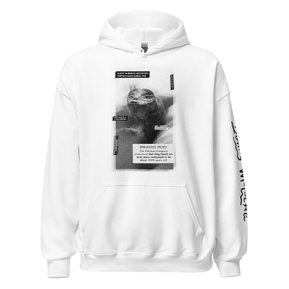 White unisex hoodie with Extraterrestrial Parody Makeover: An LGBTQ+ Artwork by Donny Meloche