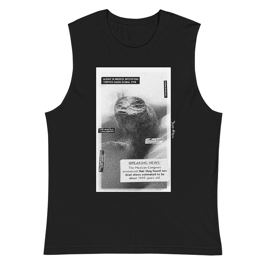 Black relaxed-fit muscle shirt with alien makeover parody art by LGBTQ+ artist Donny Meloche. Copyright © Donny Meloche.