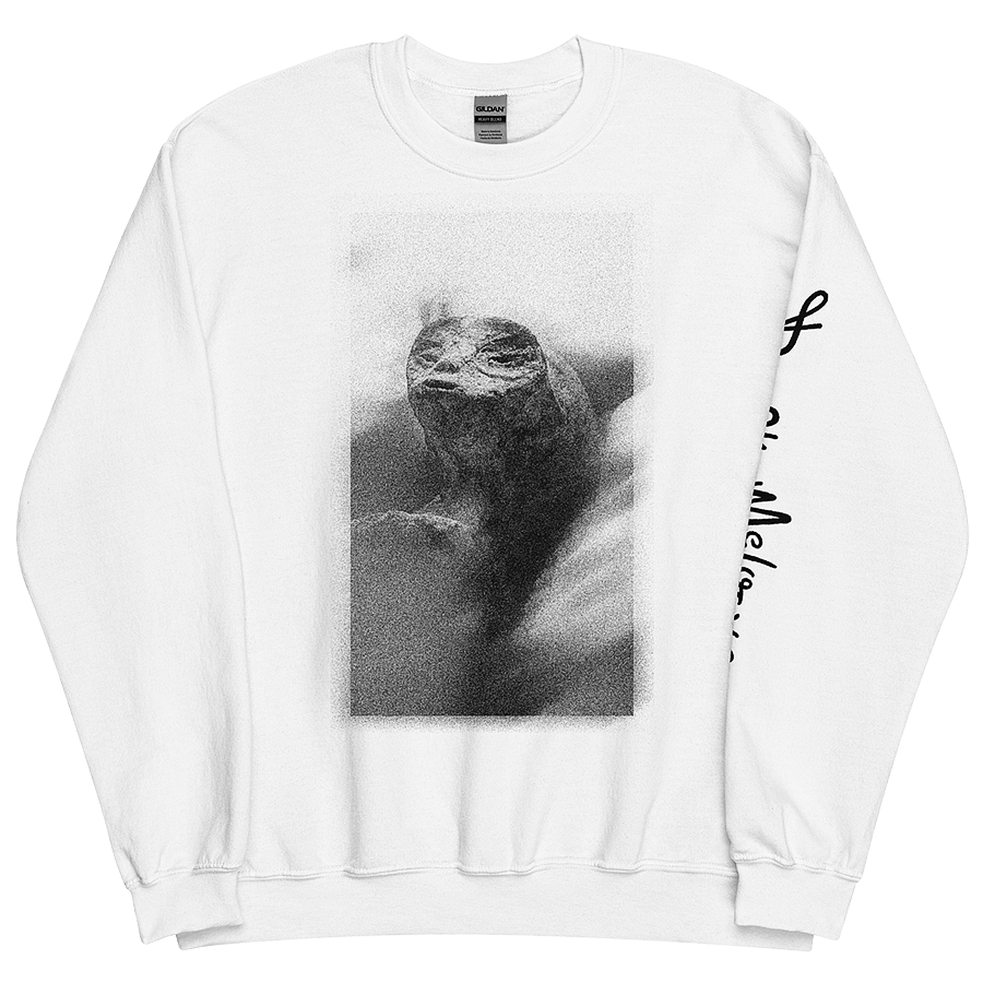 White Sweatshirt with Extraterrestrial Parody Makeover: An LGBTQ+ Artwork by Donny Meloche.
