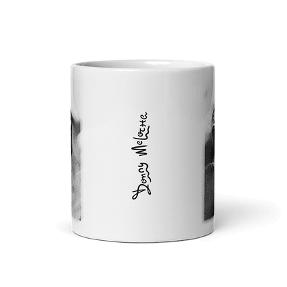 Glossy White Mug with Mummified Alien Parody Makeover - Extraterrestrial Transformation Art by Donny Meloche