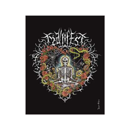 Vibrant digital artwork of a meditating skeleton in a yoga pose amid colorful flowers and insects. A bluebird sits on the skeleton's shoulder. It's framed by a heart-shaped iron fence with snakes, roses, and gothic 'Manifest' text. Expressive eyes and a third eye symbolize spiritual awakening. Despite the edgy look, it carries an uplifting message of manifestation and abundance. © Donny Meloche, 2023.