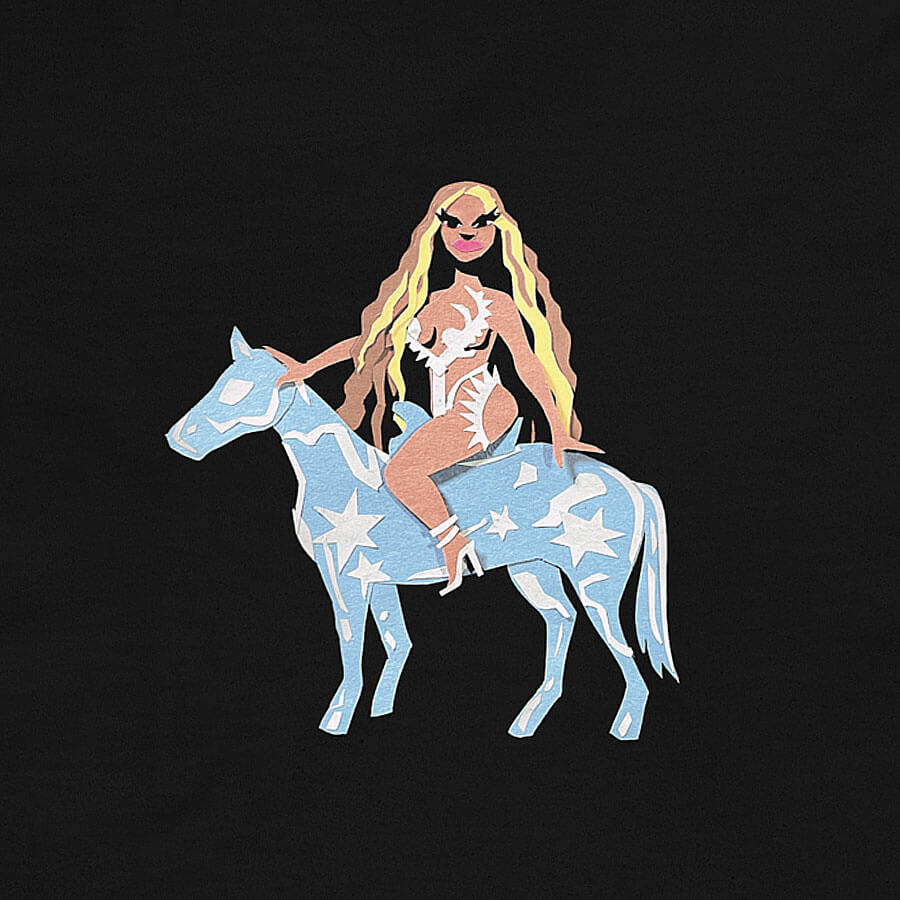 Detail of a crafty, colourful, and graphic portrait of singer Beyonce Knowles sitting on top of a baby blue horse covered in white stars and shapes - recreating her 2022 “Renaissance” album cover, printed on a black t-shirt.