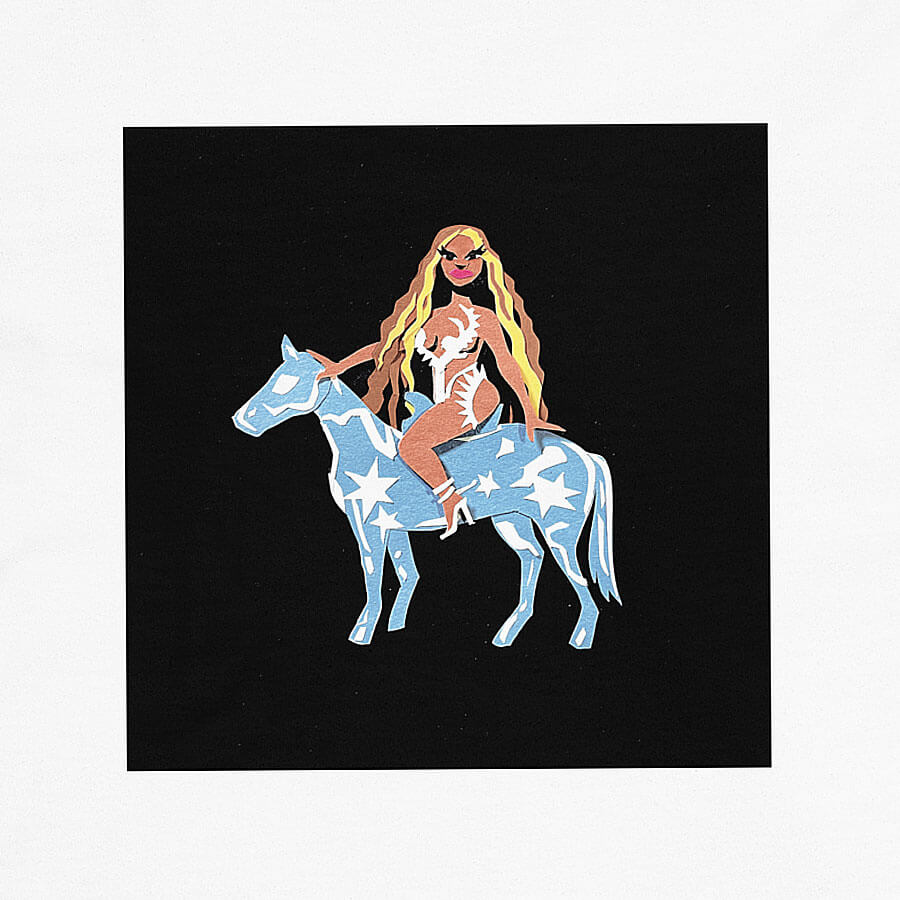 Detail of a crafty, colourful, and graphic portrait of singer Beyonce Knowles sitting on top of a baby blue horse covered in white stars and shapes - recreating her 2022 “Renaissance” album cover, printed on a white t-shirt.
