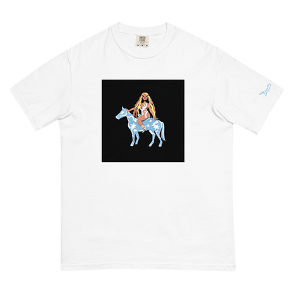 A crafty, colourful, and graphic portrait of singer Beyonce Knowles sitting on top of a baby blue horse covered in white stars and shapes - recreating her 2022 “Renaissance” album cover, printed on a white t-shirt.