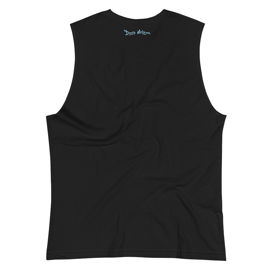 The back of a black tank top muscle shirt with a graphic logo along the neckline spelling out the name ‘Donny Meloche’. © Donny Meloche, 2023.