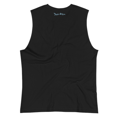The back of a black tank top muscle shirt with a graphic logo along the neckline spelling out the name ‘Donny Meloche’. © Donny Meloche, 2023.