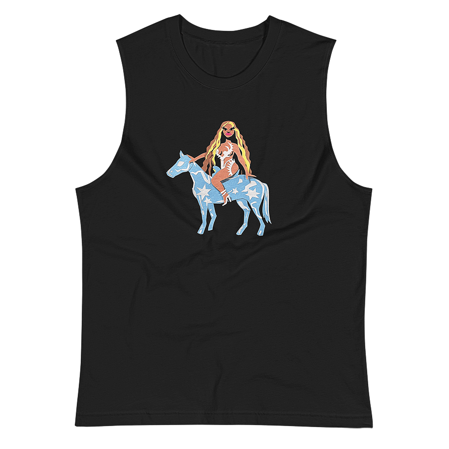 A black tank top muscle shirt featuring a crafty, colourful, and graphic portrait of singer Beyonce Knowles sitting on top of a baby blue horse covered in white stars and shapes - recreating her 2022 “Renaissance” album cover. © Donny Meloche, 2023.