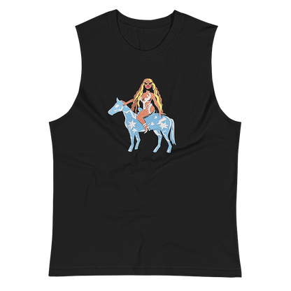 A black tank top muscle shirt featuring a crafty, colourful, and graphic portrait of singer Beyonce Knowles sitting on top of a baby blue horse covered in white stars and shapes - recreating her 2022 “Renaissance” album cover. © Donny Meloche, 2023.