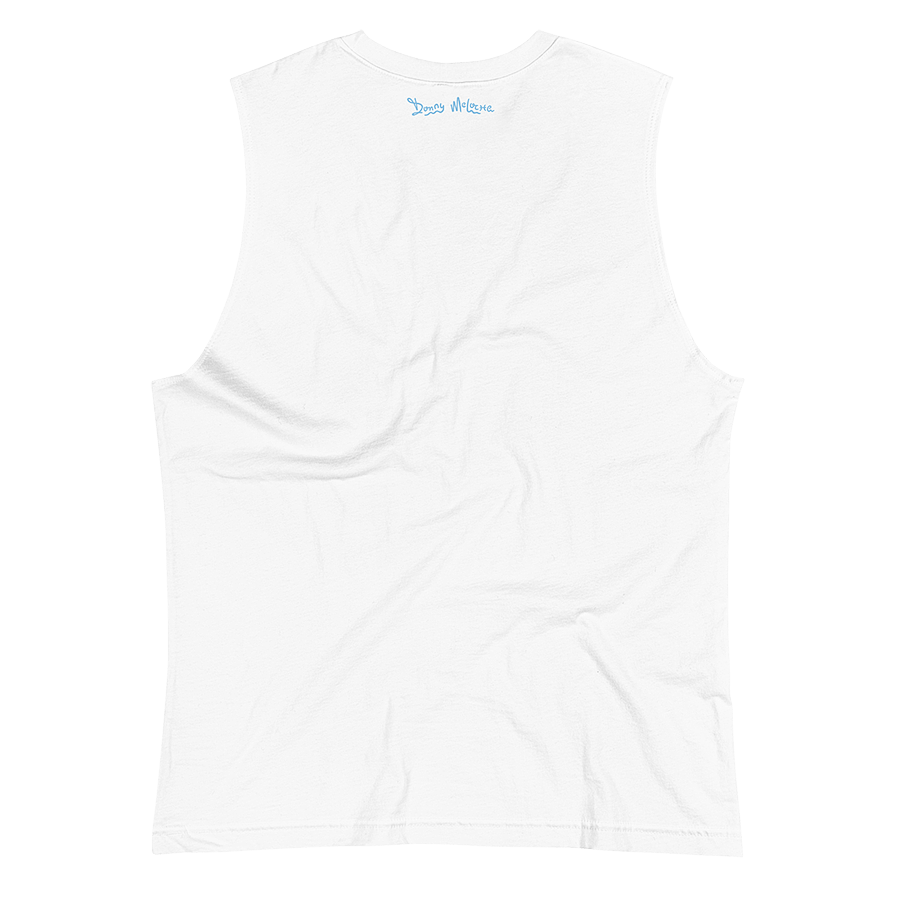 The white of a black tank top muscle shirt with a graphic logo along the neckline spelling out the name ‘Donny Meloche’. © Donny Meloche, 2023.