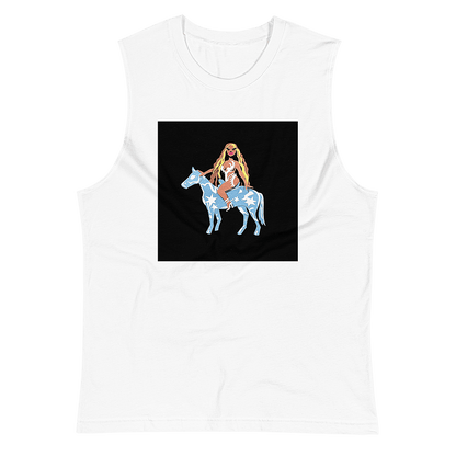 A white tank top muscle shirt featuring a crafty, colourful, and graphic portrait of singer Beyonce Knowles sitting on top of a baby blue horse covered in white stars and shapes - recreating her 2022 “Renaissance” album cover. © Donny Meloche, 2023.