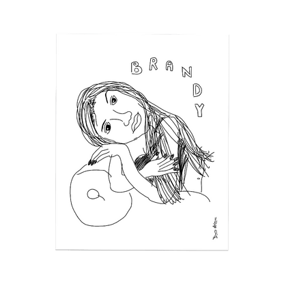 A simple childhood line drawing of a woman lounging on a sofa. This digital portrait is a remastered fan art portrait of 90s R&B singer, Brandy Norwood, in the form of wall decor for the home. © Donny Meloche, 2023.