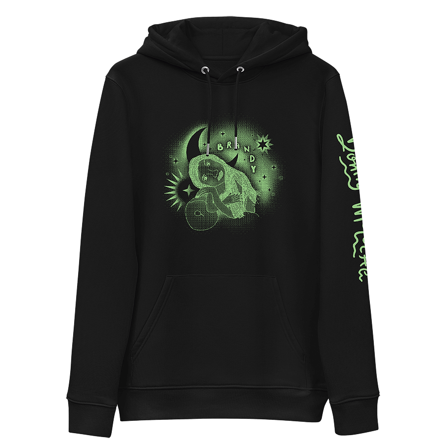 The front of a black hoodie featuring a vintage 90s childhood fan art of American singer Brandy. In the artwork, Brandy is reclining on a couch, surrounded by graphic stars and a moon, with handwritten bubble letters spelling out 'BRANDY. © Donny Meloche, 2023.