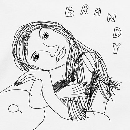 Detail of a white hoodie featuring a vintage 90s childhood fan art of American singer Brandy. In the artwork, Brandy is reclining on a couch, surrounded by graphic stars and a moon, with handwritten bubble letters spelling out 'BRANDY. © Donny Meloche, 2023.