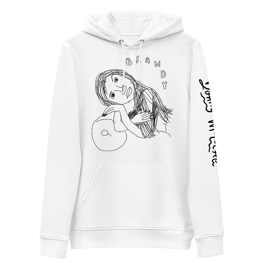 The front of a white hoodie featuring a vintage 90s childhood fan art of American singer Brandy. In the artwork, Brandy is reclining on a couch, surrounded by graphic stars and a moon, with handwritten bubble letters spelling out 'BRANDY. © Donny Meloche, 2023.