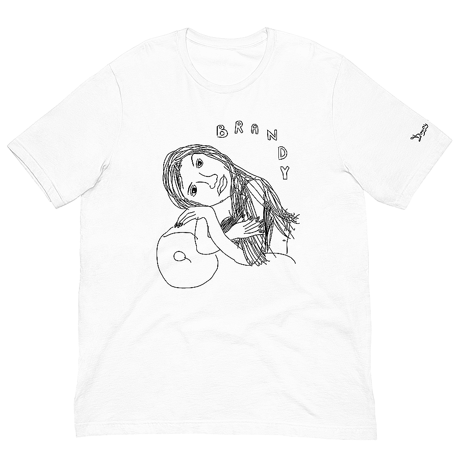 A white t-shirt featuring a nostalgic childhood-style bitmap drawing of American singer Brandy Norwood in black. Brandy is depicted reclining on a couch amidst graphic stars and a moon, with handwritten blocky bubble letters above her head spelling 'BRANDY.' © Donny Meloche, 2023.