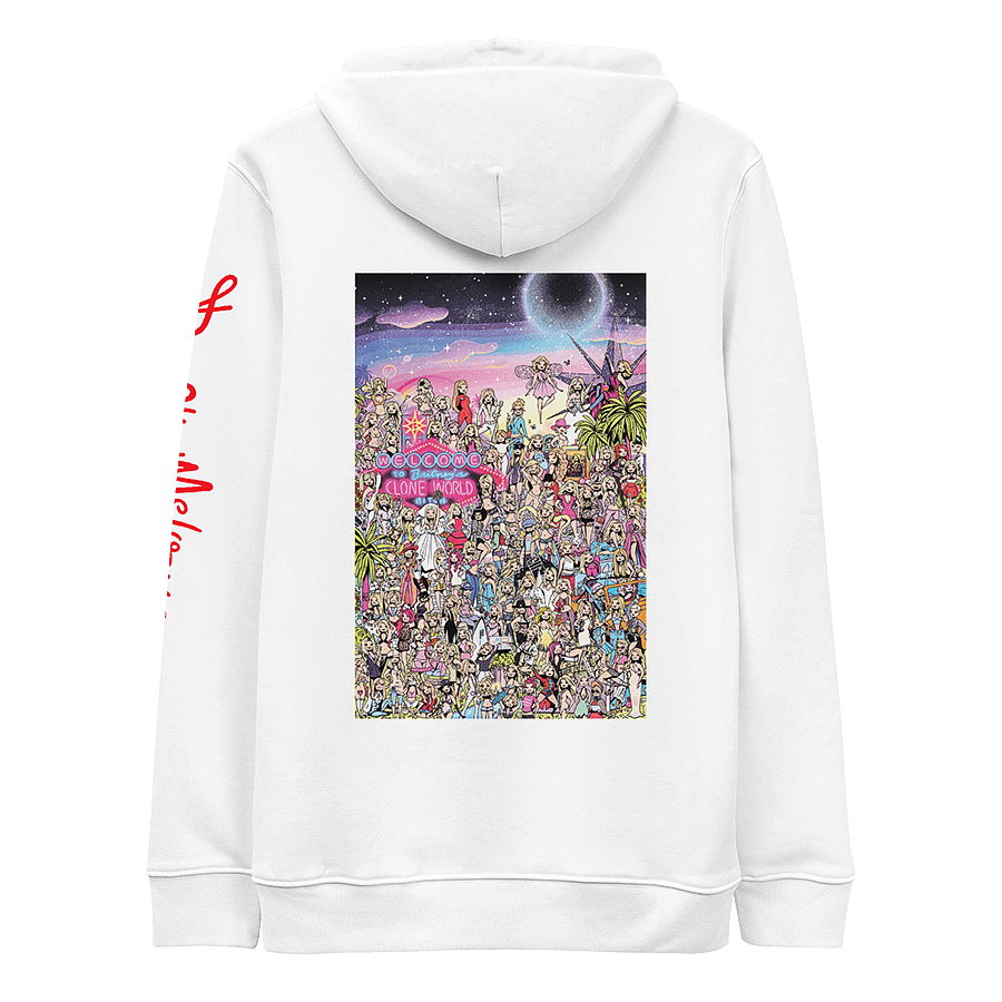The back of a white hoodie featuring an illustrated tribute to Britney Spears' iconic fashion moments throughout her career. The interactive “Where’s Waldo” style drawing features over 100 Britney cartoon lookalikes from different eras, including the 'Baby One More Time' schoolgirl costume and 'Toxic' flight attendant look. The picture also features hidden bags of Cheetos and bottles of Britney's signature fragrances. © Donny Meloche.