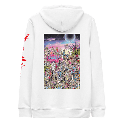 The back of a white hoodie featuring an illustrated tribute to Britney Spears' iconic fashion moments throughout her career. The interactive “Where’s Waldo” style drawing features over 100 Britney cartoon lookalikes from different eras, including the 'Baby One More Time' schoolgirl costume and 'Toxic' flight attendant look. The picture also features hidden bags of Cheetos and bottles of Britney's signature fragrances. © Donny Meloche.