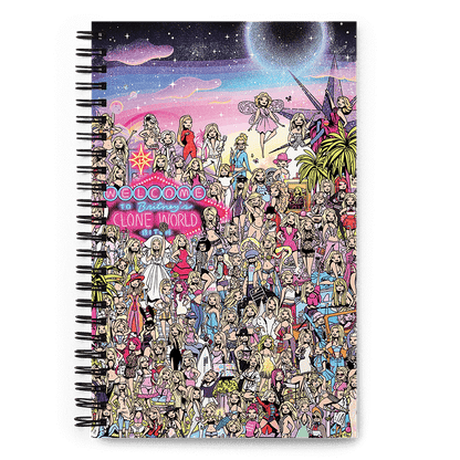 A journal with a playful graphic illustration of American pop star Britney Spears, in the style of a "Where's Waldo" style comic; depicting over 100 cartoon portraits of the celebrity singer, wearing the most memorable costumes and iconic fashion moments throughout her career. © Donny Meloche, 2023.