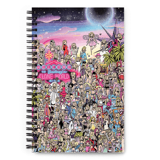 A journal with a playful graphic illustration of American pop star Britney Spears, in the style of a "Where's Waldo" style comic; depicting over 100 cartoon portraits of the celebrity singer, wearing the most memorable costumes and iconic fashion moments throughout her career. © Donny Meloche, 2023.