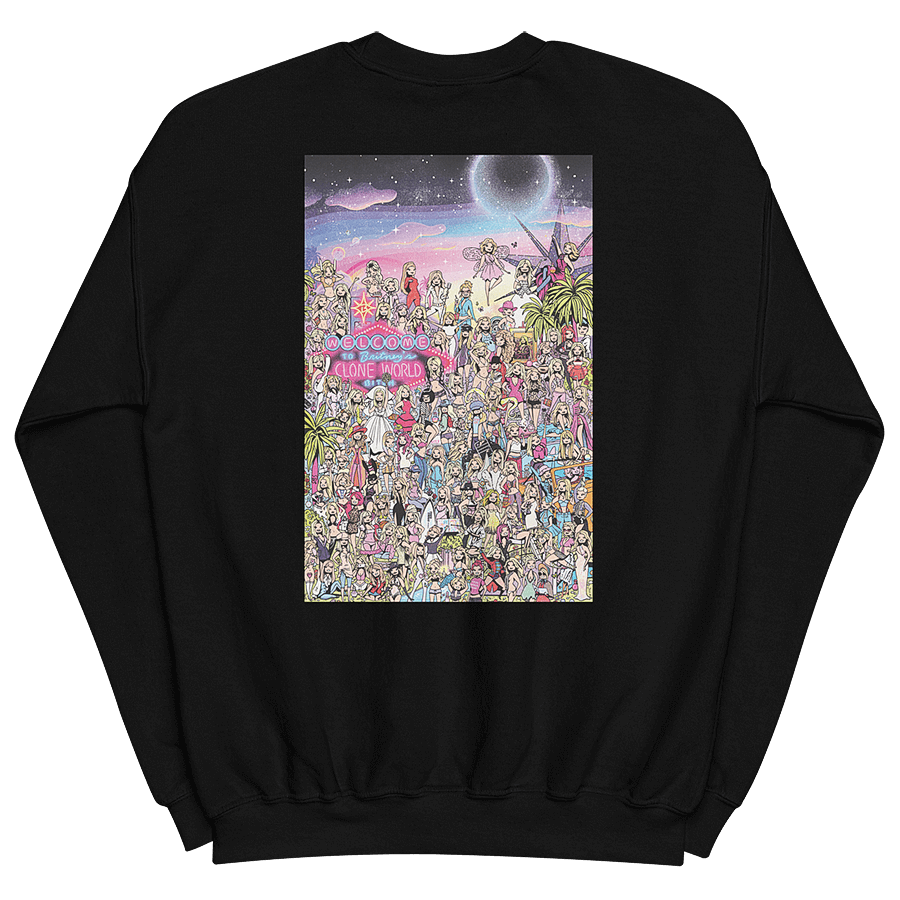 The back of a black sweatshirt featuring an illustrated tribute to Britney Spears' and iconic fashion moments throughout her career. The interactive “Where’s Waldo” style drawing features over 100 Britney cartoon lookalikes from different eras, including the 'Baby One More Time' schoolgirl costume and 'Toxic' flight attendant look. The picture also features hidden bags of Cheetos and bottles of Britney's signature fragrances. © Donny Meloche, 2023.