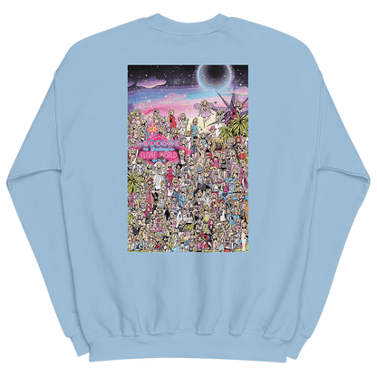 The back of a blue sweatshirt featuring an illustrated tribute to Britney Spears' and iconic fashion moments throughout her career. The interactive “Where’s Waldo” style drawing features over 100 Britney cartoon lookalikes from different eras, including the 'Baby One More Time' schoolgirl costume and 'Toxic' flight attendant look. The picture also features hidden bags of Cheetos and bottles of Britney's signature fragrances. © Donny Meloche, 2023.