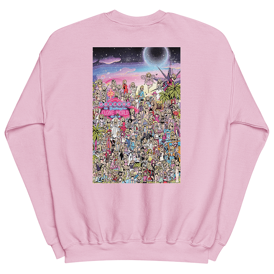 The back of a pink sweatshirt featuring an illustrated tribute to Britney Spears' and iconic fashion moments throughout her career. The interactive “Where’s Waldo” style drawing features over 100 Britney cartoon lookalikes from different eras, including the 'Baby One More Time' schoolgirl costume and 'Toxic' flight attendant look. The picture also features hidden bags of Cheetos and bottles of Britney's signature fragrances. © Donny Meloche, 2023.