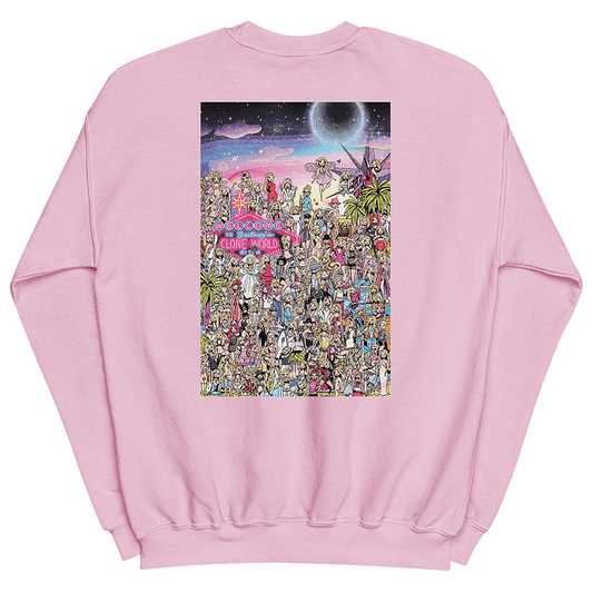 The back of a pink sweatshirt featuring an illustrated tribute to Britney Spears' and iconic fashion moments throughout her career. The interactive “Where’s Waldo” style drawing features over 100 Britney cartoon lookalikes from different eras, including the 'Baby One More Time' schoolgirl costume and 'Toxic' flight attendant look. The picture also features hidden bags of Cheetos and bottles of Britney's signature fragrances. © Donny Meloche, 2023.