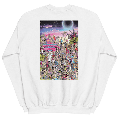 The back of a white sweatshirt featuring an illustrated tribute to Britney Spears' and iconic fashion moments throughout her career. The interactive “Where’s Waldo” style drawing features over 100 Britney cartoon lookalikes from different eras, including the 'Baby One More Time' schoolgirl costume and 'Toxic' flight attendant look. The picture also features hidden bags of Cheetos and bottles of Britney's signature fragrances. © Donny Meloche, 2023.