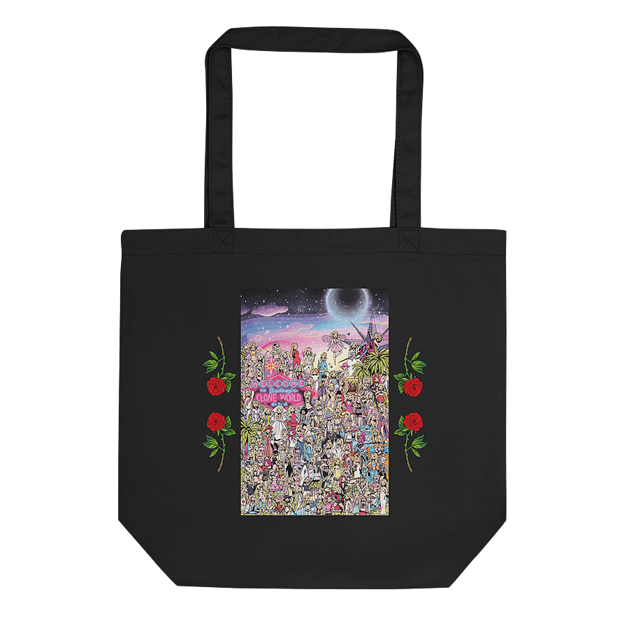 A black tote bag with a playful graphic illustration of American pop star Britney Spears, in the style of a "Where's Waldo" style comic; depicting over 100 cartoon portraits of the celebrity singer, wearing the most memorable costumes and iconic fashion moments throughout her career. © Donny Meloche, 2023.