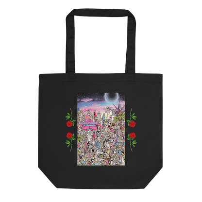 A black tote bag with a playful graphic illustration of American pop star Britney Spears, in the style of a "Where's Waldo" style comic; depicting over 100 cartoon portraits of the celebrity singer, wearing the most memorable costumes and iconic fashion moments throughout her career. © Donny Meloche, 2023.