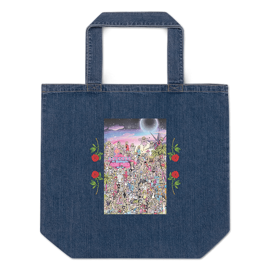 A denim tote bag with a playful graphic illustration of American pop star Britney Spears, in the style of a "Where's Waldo" style comic; depicting over 100 cartoon portraits of the celebrity singer, wearing the most memorable costumes and iconic fashion moments throughout her career. © Donny Meloche, 2023.
