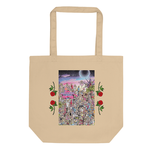 A beige tote bag with a playful graphic illustration of American pop star Britney Spears, in the style of a "Where's Waldo" style comic; depicting over 100 cartoon portraits of the celebrity singer, wearing the most memorable costumes and iconic fashion moments throughout her career. © Donny Meloche, 2023.